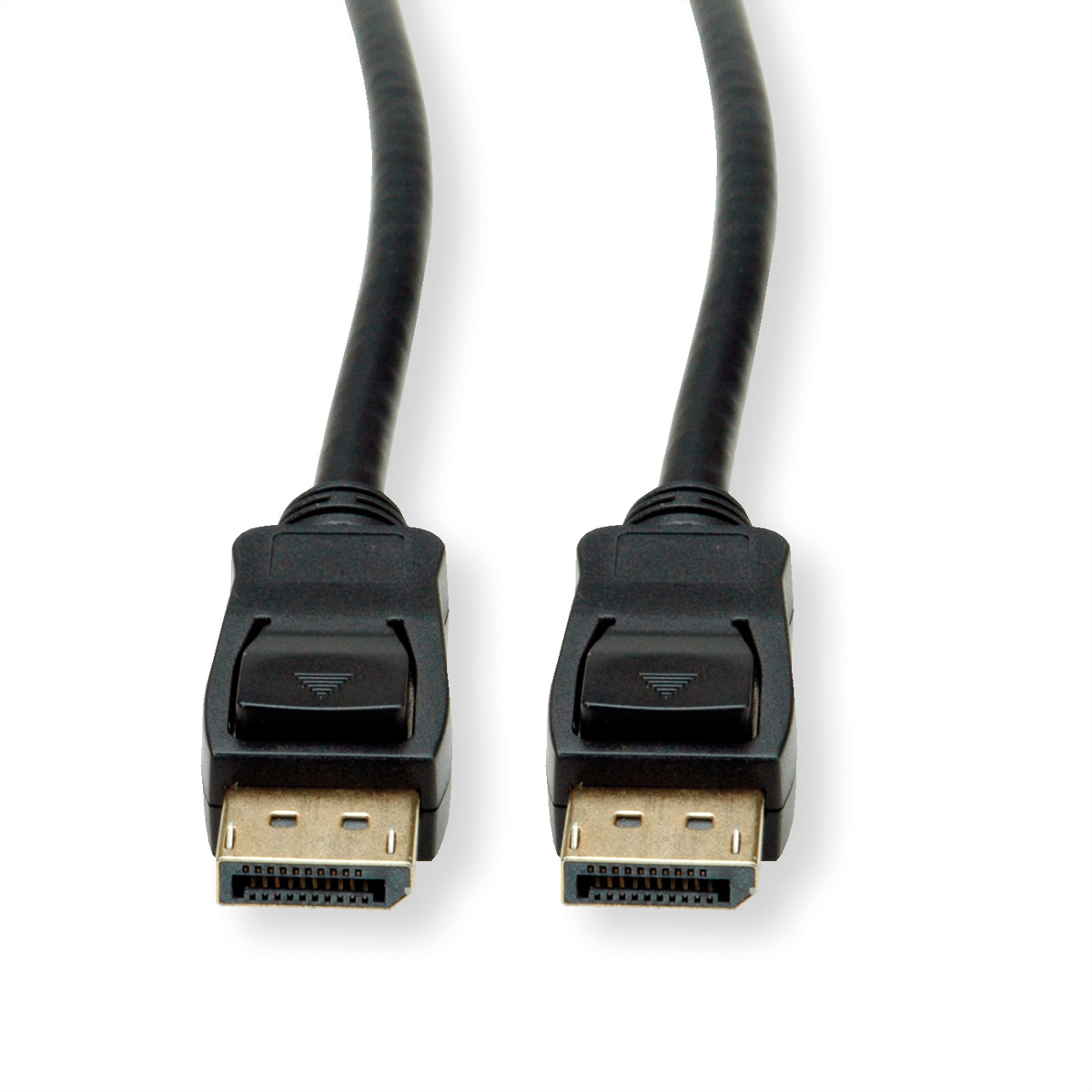 Twee zwarte DisplayPort-kabels met connectoren op een witte achtergrond.