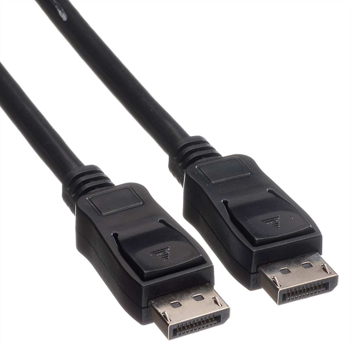 Zwarte DisplayPort-kabel op witte achtergrond, beide connectoren zichtbaar.