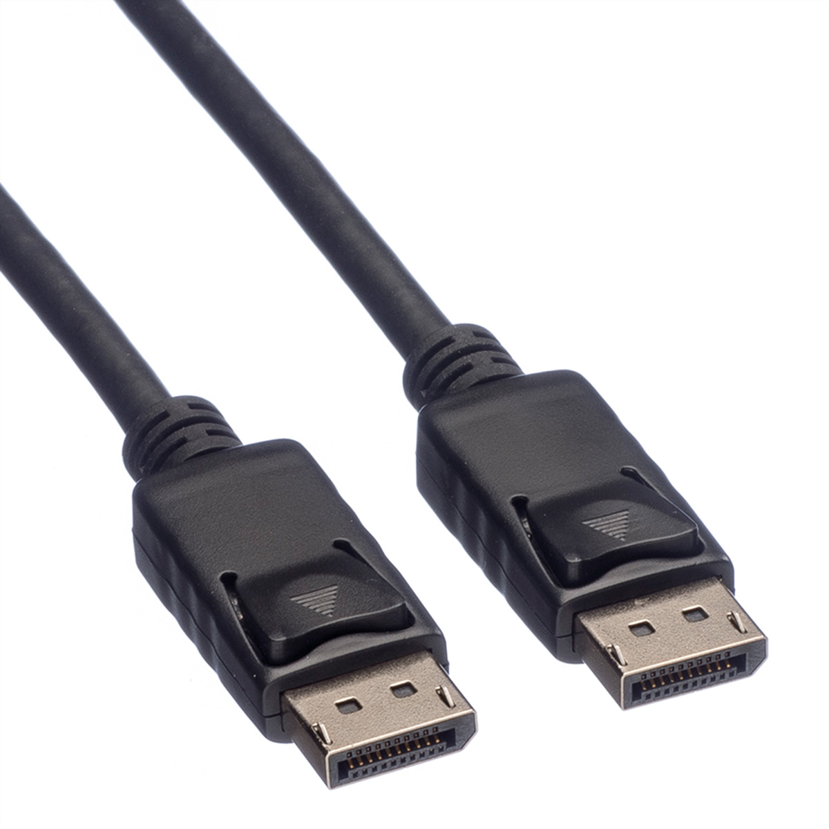 Zwarte DisplayPort-kabel. Twee connectoren, schuine weergave, gladde, zwarte kabel.