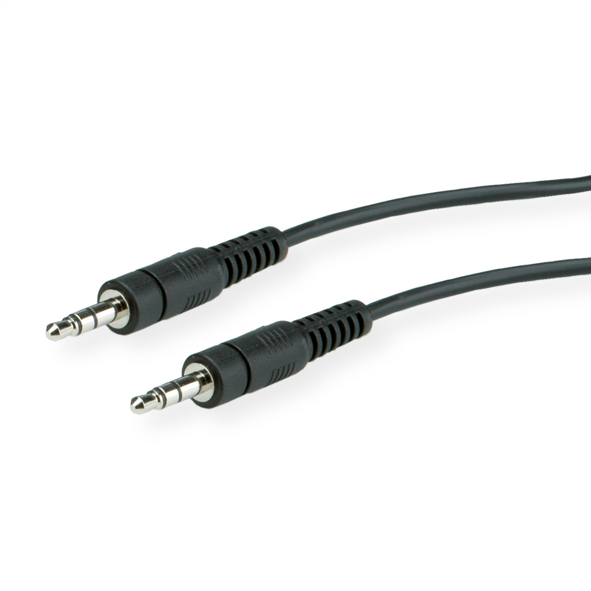 Zwei schwarze 3,5-mm-Audiokabel mit schwarzen Steckern auf weißem Hintergrund.