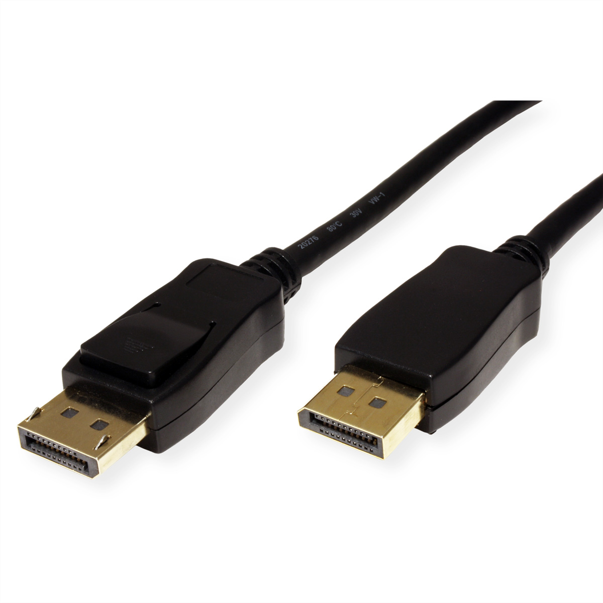 Câble DisplayPort noir avec deux connecteurs DisplayPort. Connecteurs dorés sur fond blanc.