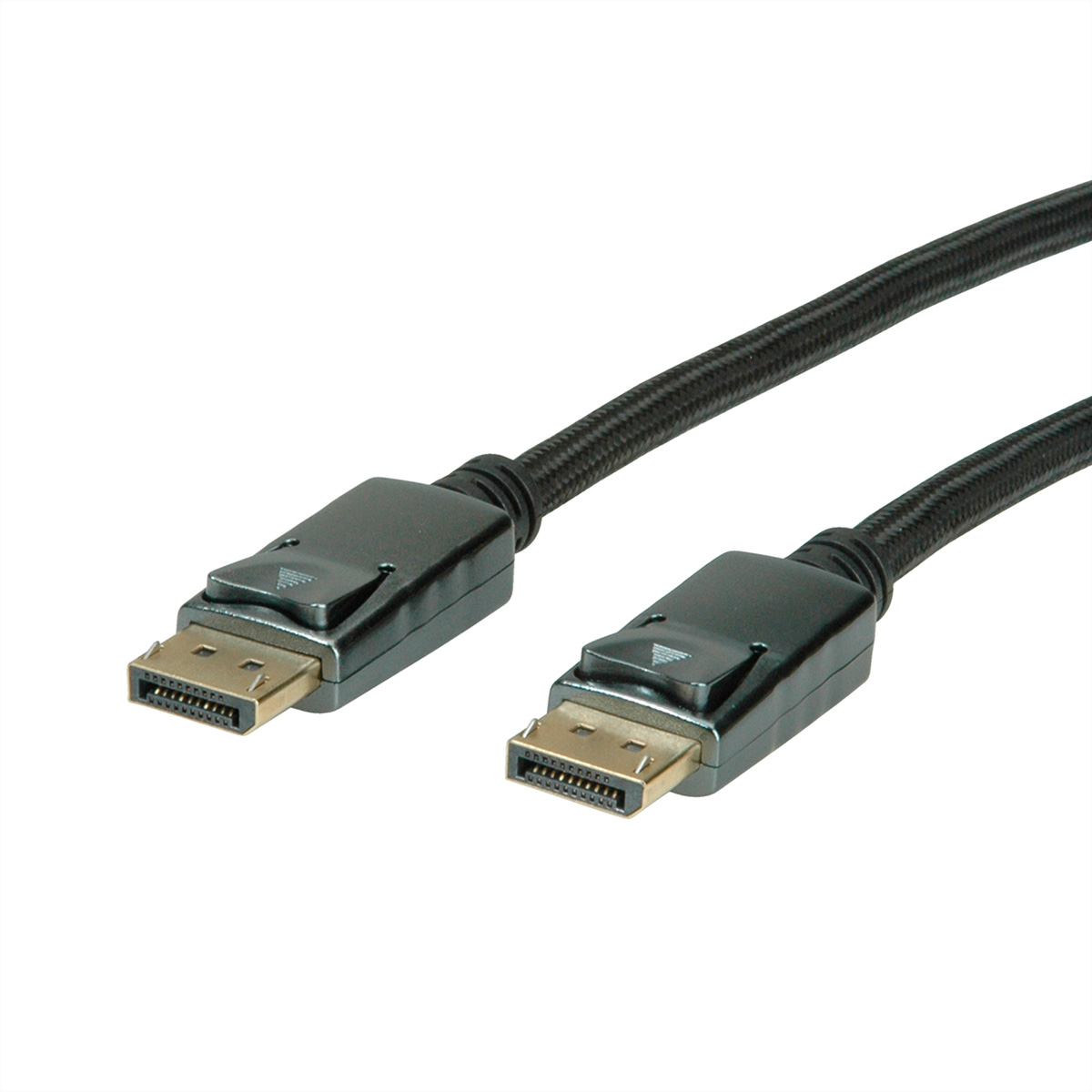 Zwarte DisplayPort-kabel met connectoren aan beide uiteinden. De connectoren hebben een vergrendelingsmechanisme.