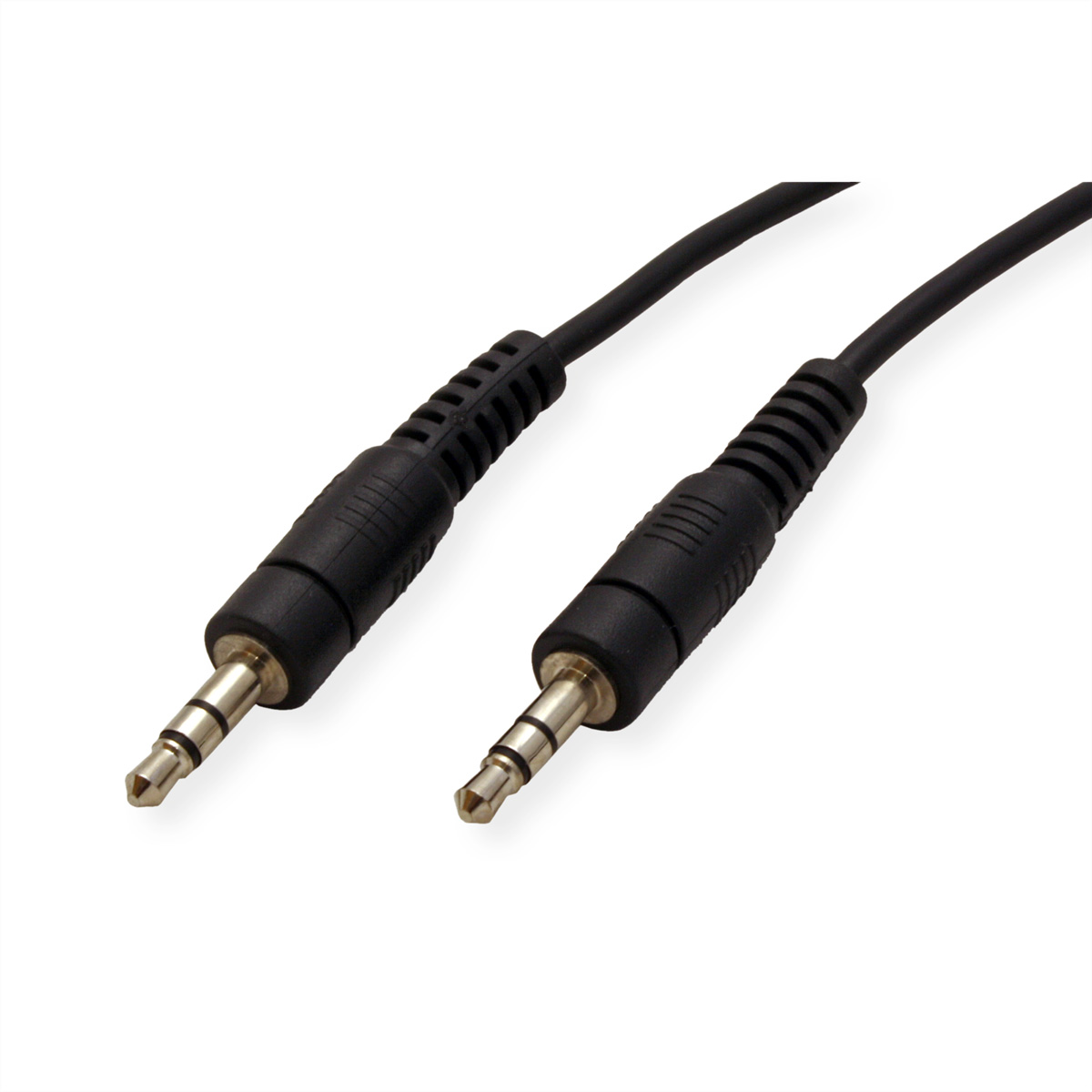 Zwei schwarze Audiokabel mit 3,5-mm-Klinken auf weißem Hintergrund. Kabel sind parallel.