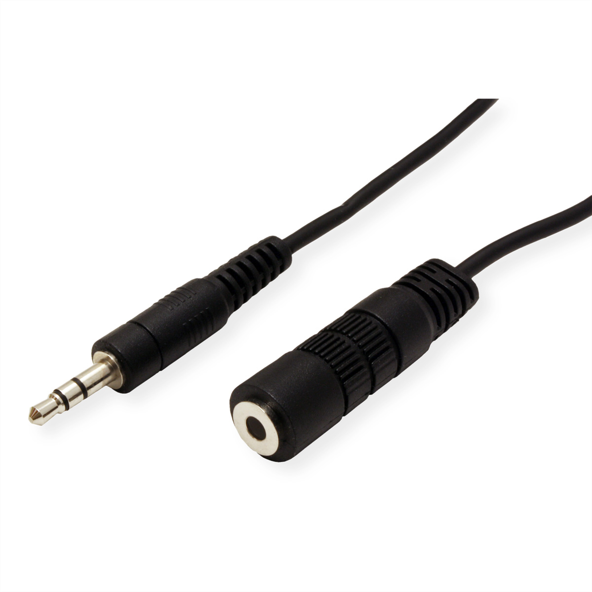 Schwarzes Audiokabel mit 3,5-mm-Klinke und Buchse auf weißem Hintergrund.