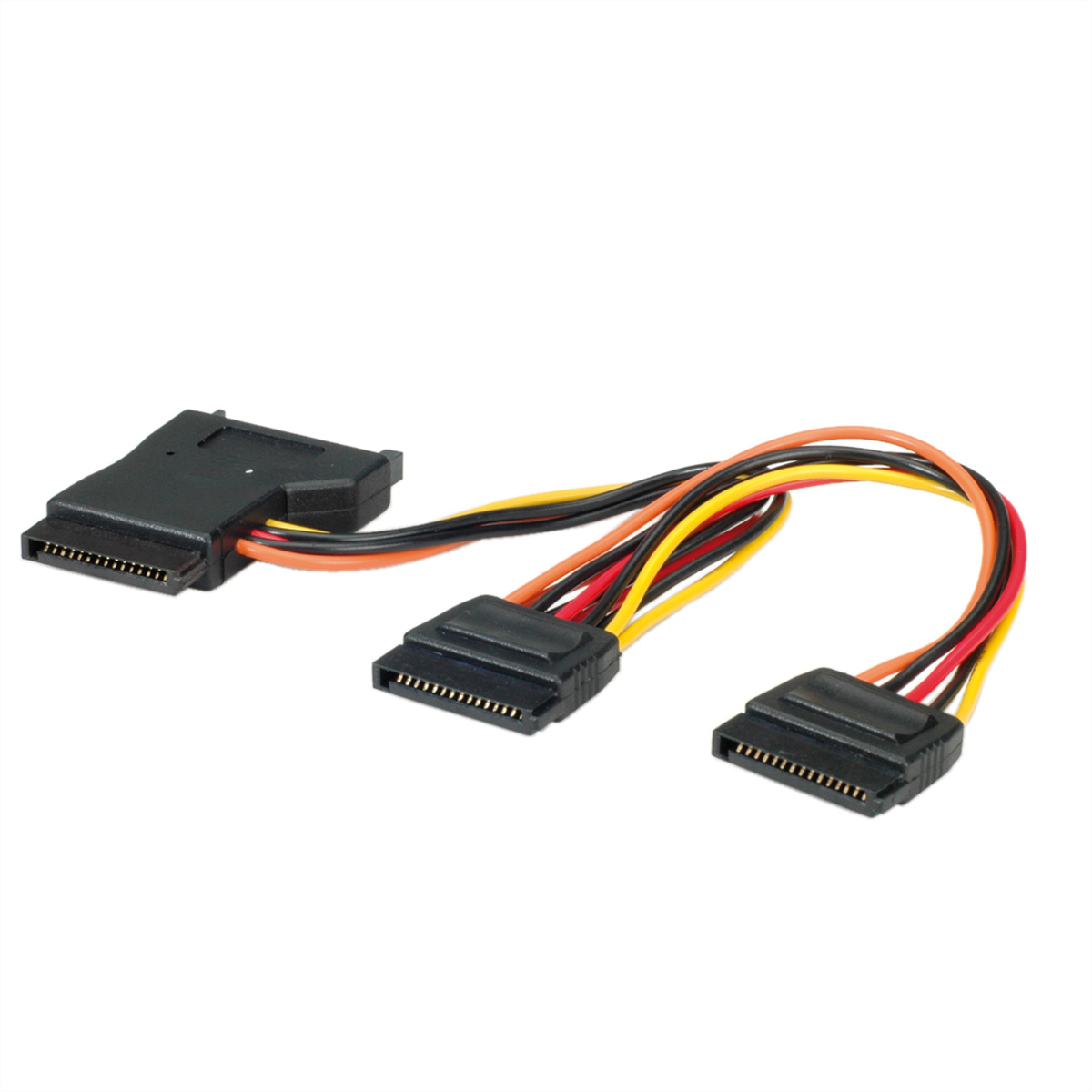 SATA-voedingskabel met drie connectoren in verschillende kleuren. Witte achtergrond.