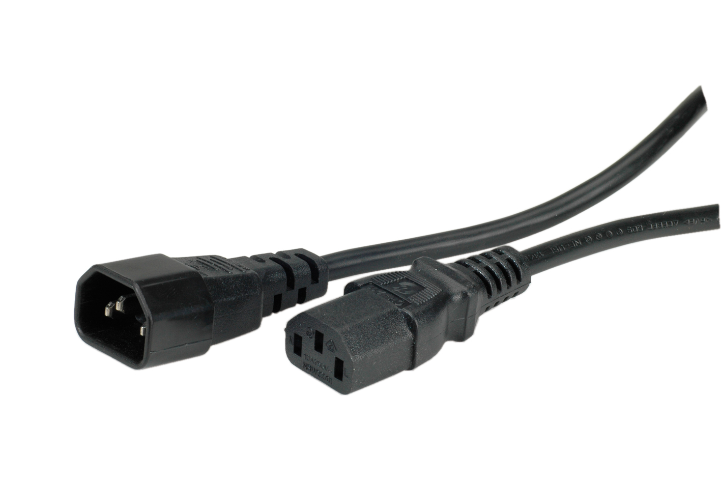 Czarny kabel zasilający z dwoma złączami, C13 i C14.