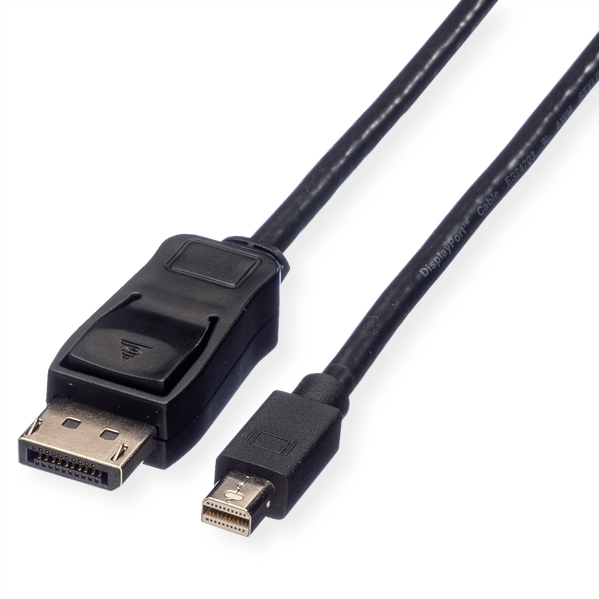 Câble DisplayPort vers Mini DisplayPort noir. Les connecteurs sont visibles. Fond blanc.