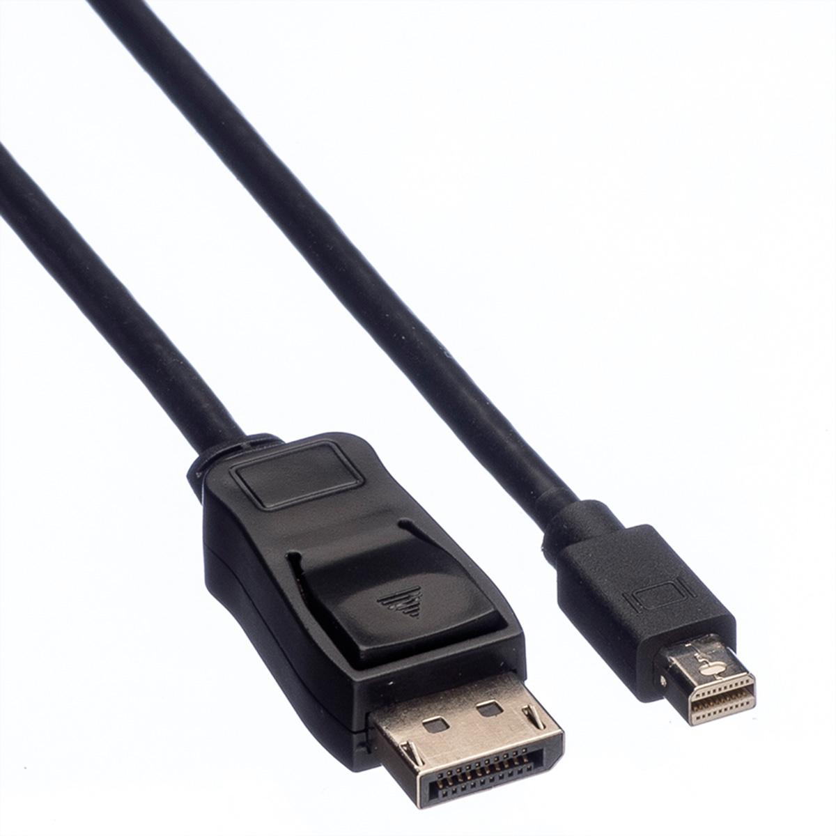 Câble DisplayPort noir avec connecteurs, fond blanc. Gros plan.