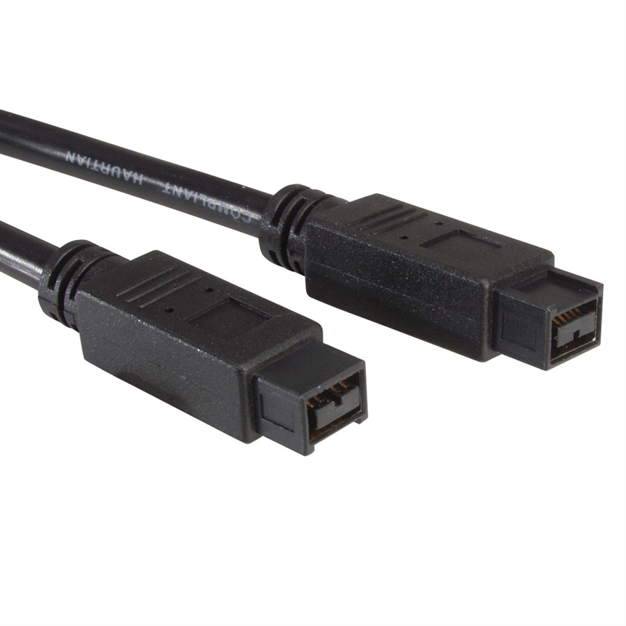 Câble FireWire noir avec deux connecteurs sur fond blanc.