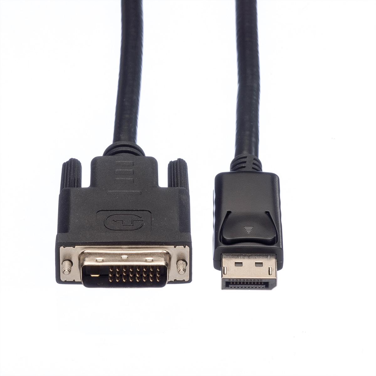 Kabel DVI do DisplayPort z czarnymi złączami, na białej powierzchni. Kabel jest czarny.