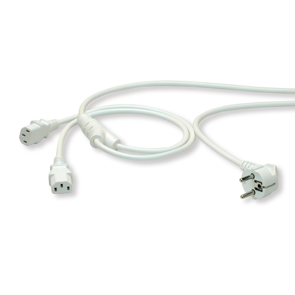 Câble d'alimentation blanc avec deux connecteurs C13 et une prise Schuko sur fond blanc.