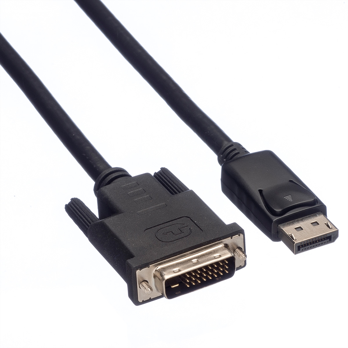 Czarny kabel, złącze DVI do DisplayPort na białym tle.