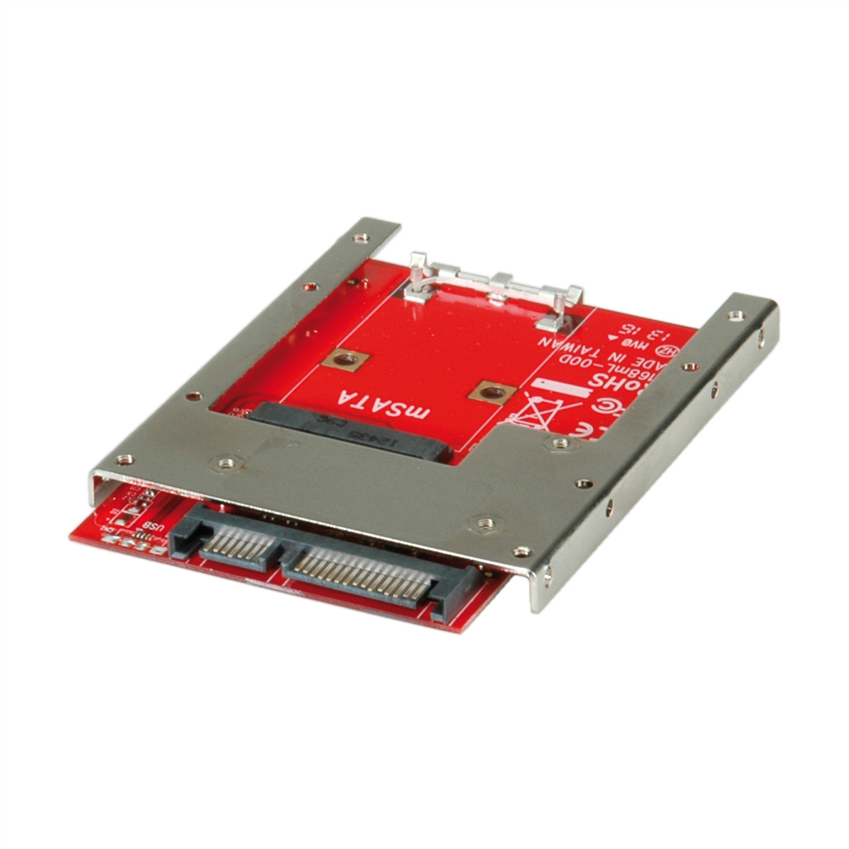 Adaptateur MSATA vers SATA rouge avec cadre métallique et connecteurs. Fond blanc.