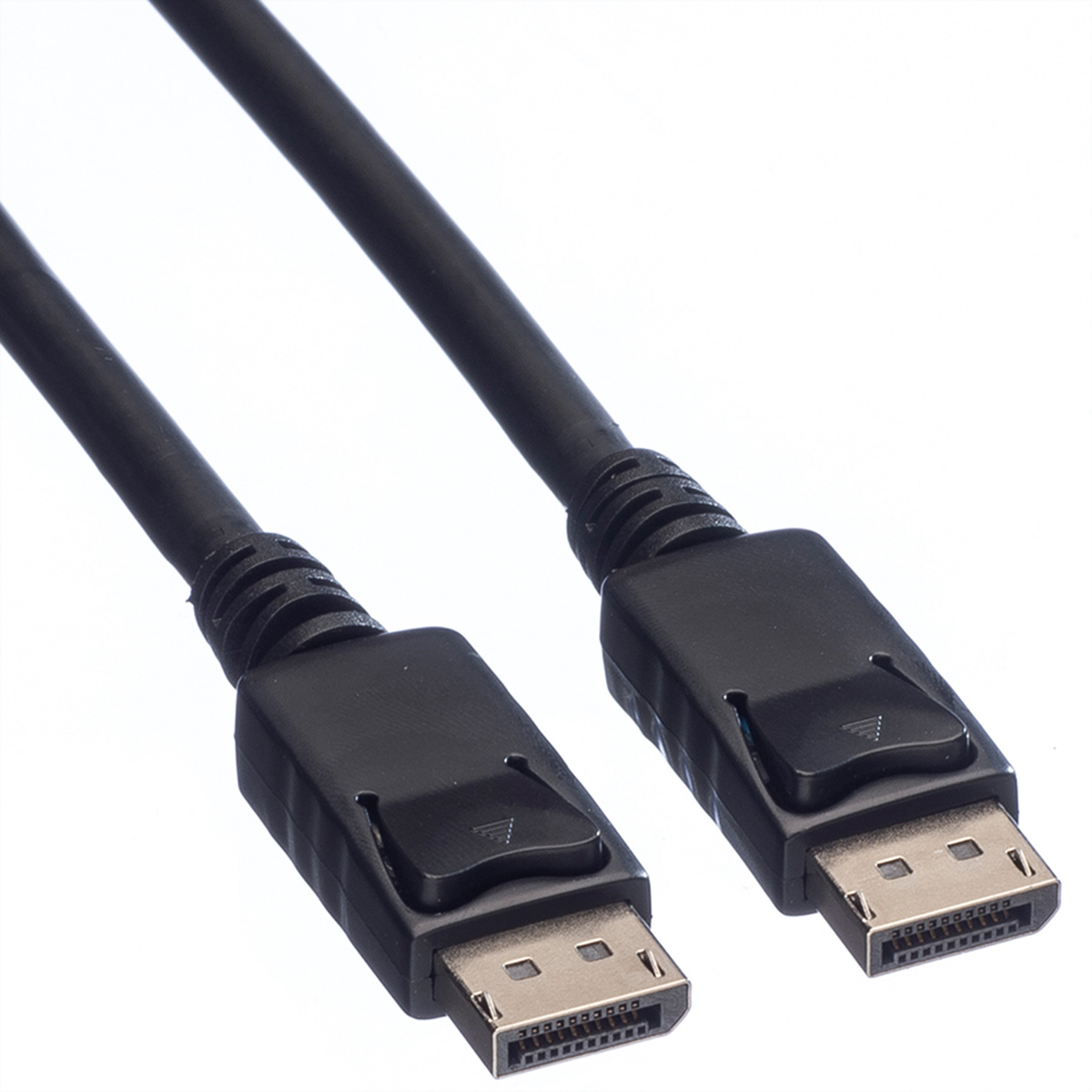 Deux câbles DisplayPort noirs avec connecteurs, sur fond blanc brillant.