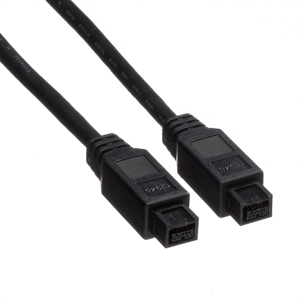 Deux câbles FireWire noirs avec connecteurs sur fond blanc.