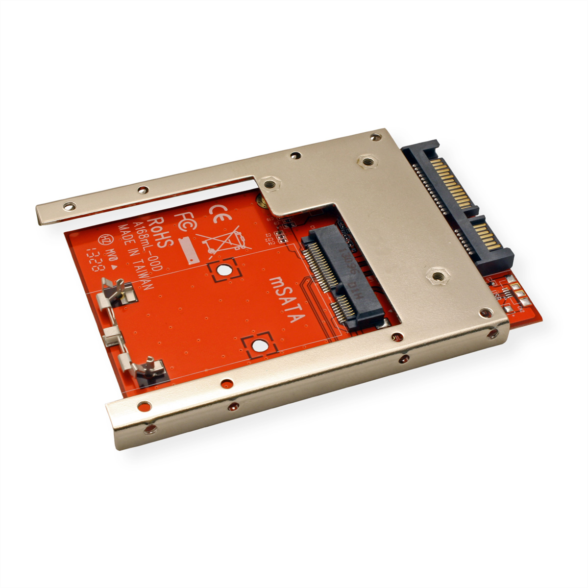 Adaptateur mSATA vers SATA rouge et argenté sur fond blanc.