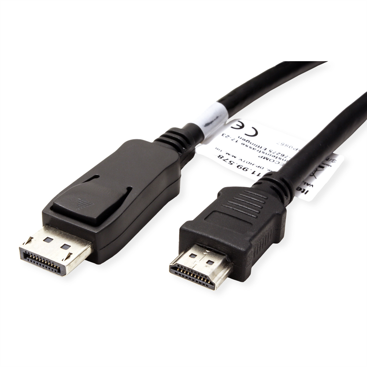 Black DisplayPort to HDMI cable, connectors on each end, on a white background.