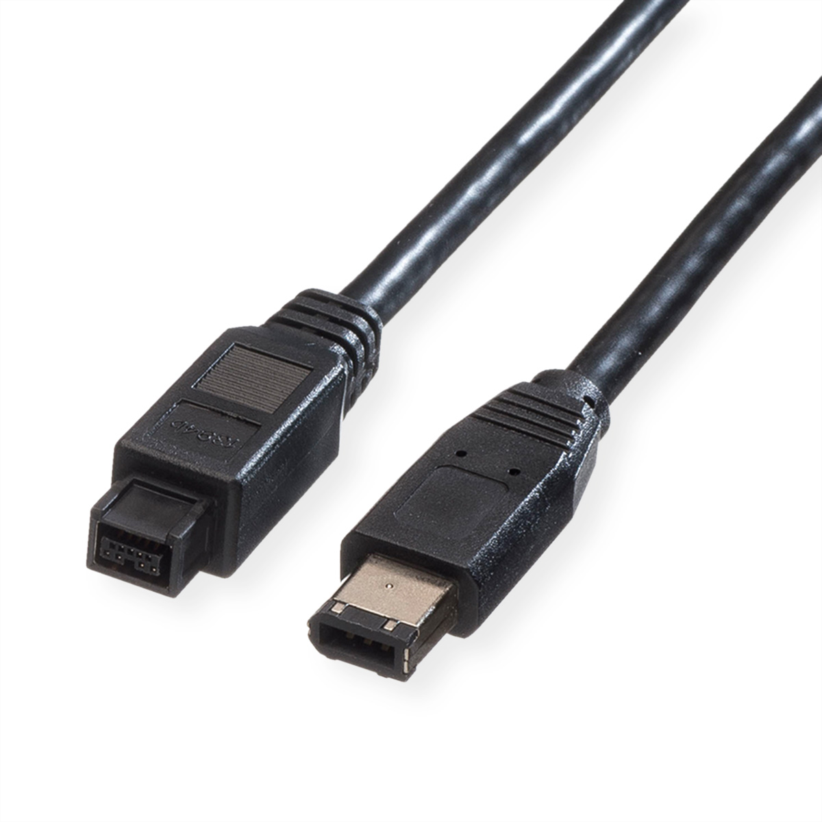 Schwarzes FireWire-Kabel mit zwei verschiedenen Steckern.