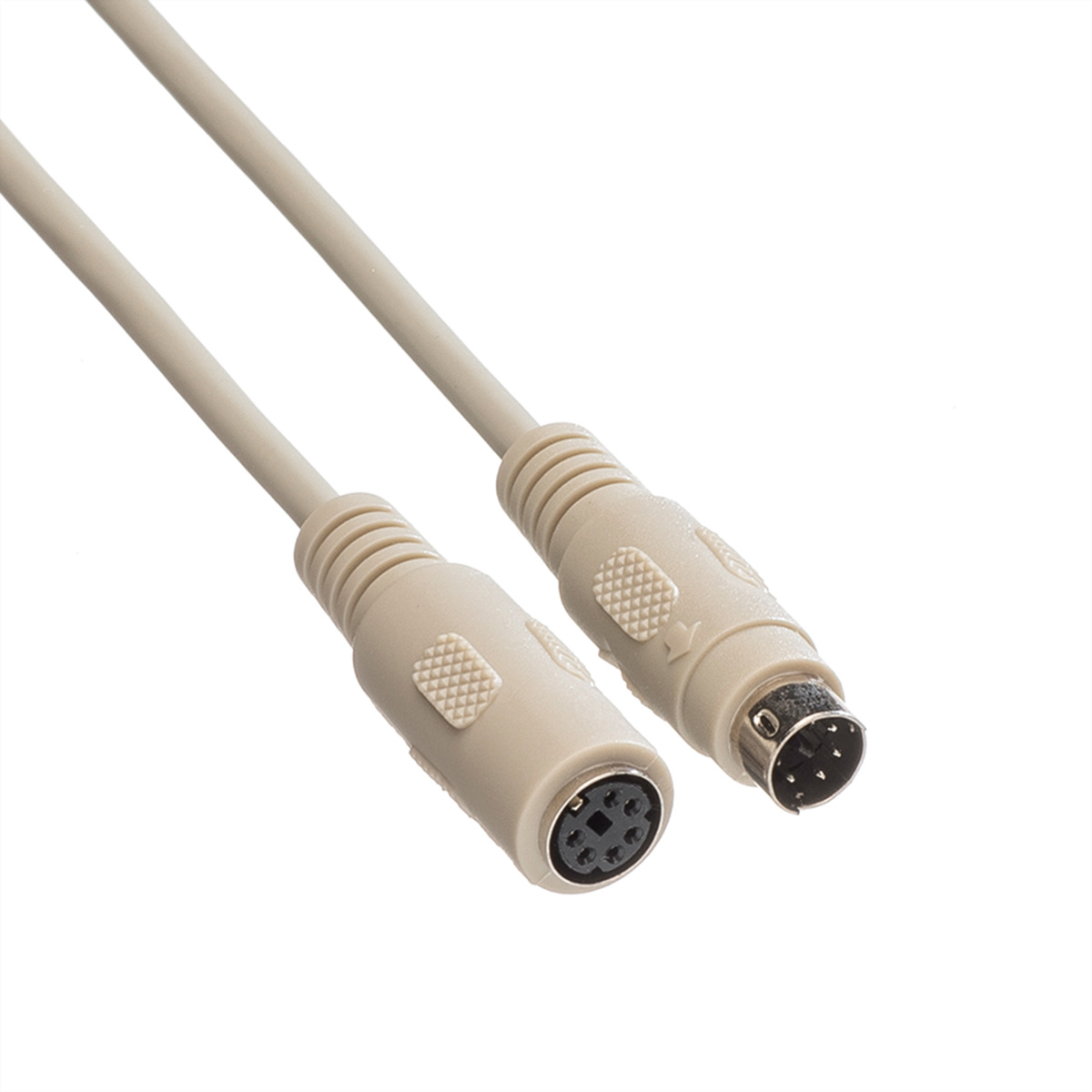 Twee beige PS/2-connectoren op een kabel, witte achtergrond.