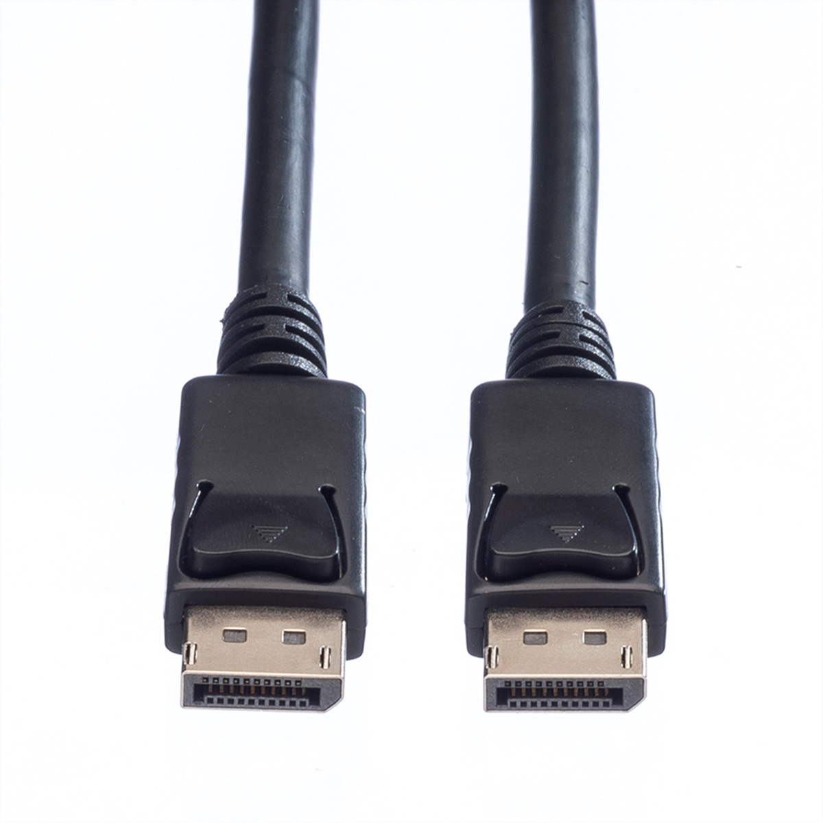 Deux câbles DisplayPort noirs avec connecteurs, sur fond blanc.