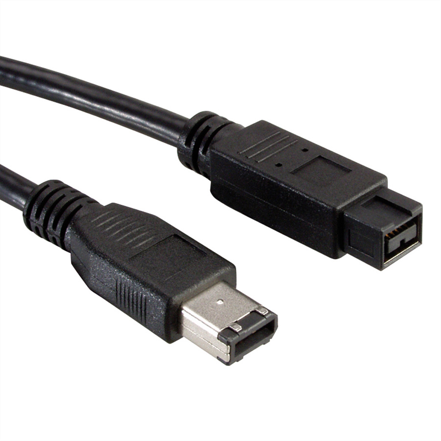 Schwarzes FireWire-Kabel mit zwei Steckern. Beide haben ein schwarzes Gehäuse.
