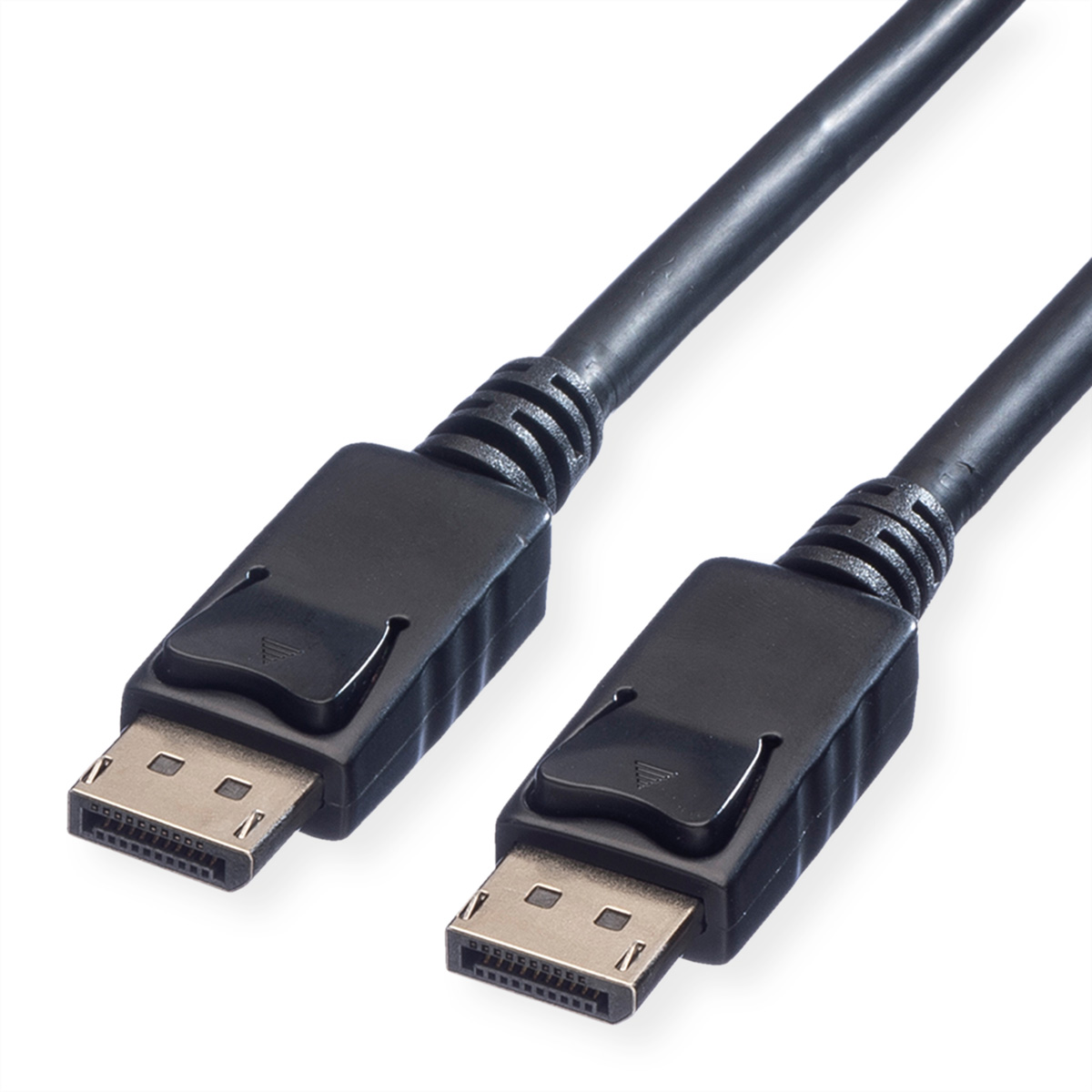 Un câble DisplayPort noir. Les deux extrémités ont des connecteurs DisplayPort. Le câble est sur une surface blanche.