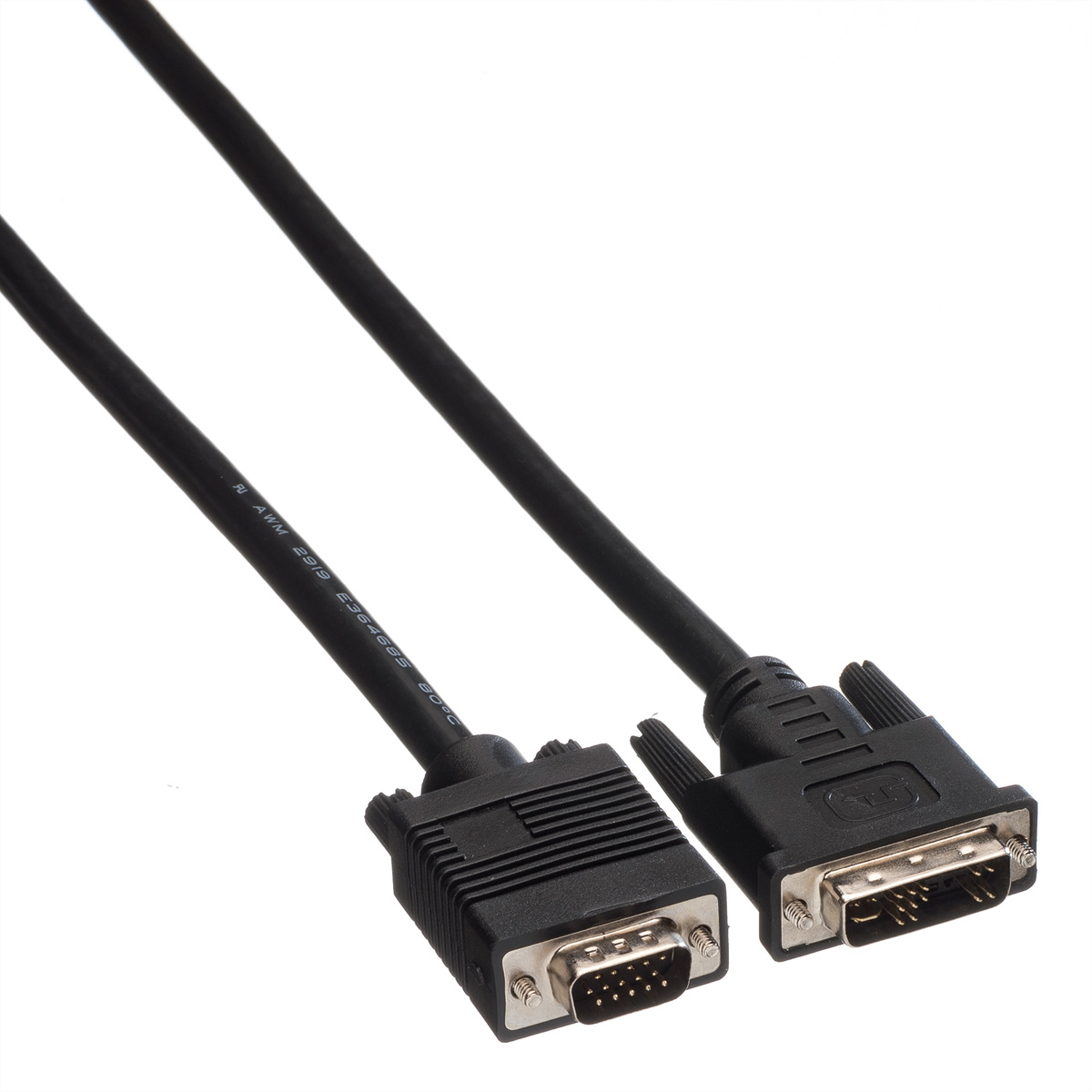 Twee zwarte VGA-kabels op een witte achtergrond. Connectoren aan de uiteinden.