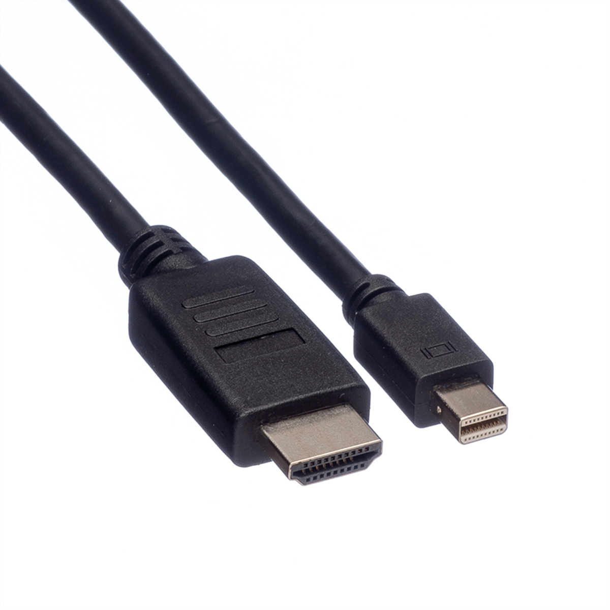 Twee zwarte HDMI-kabels, één heeft een mini-HDMI-connector. Witte achtergrond.