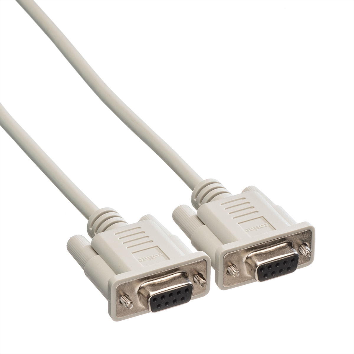 Twee grijze seriële kabels met connectoren op een witte achtergrond.