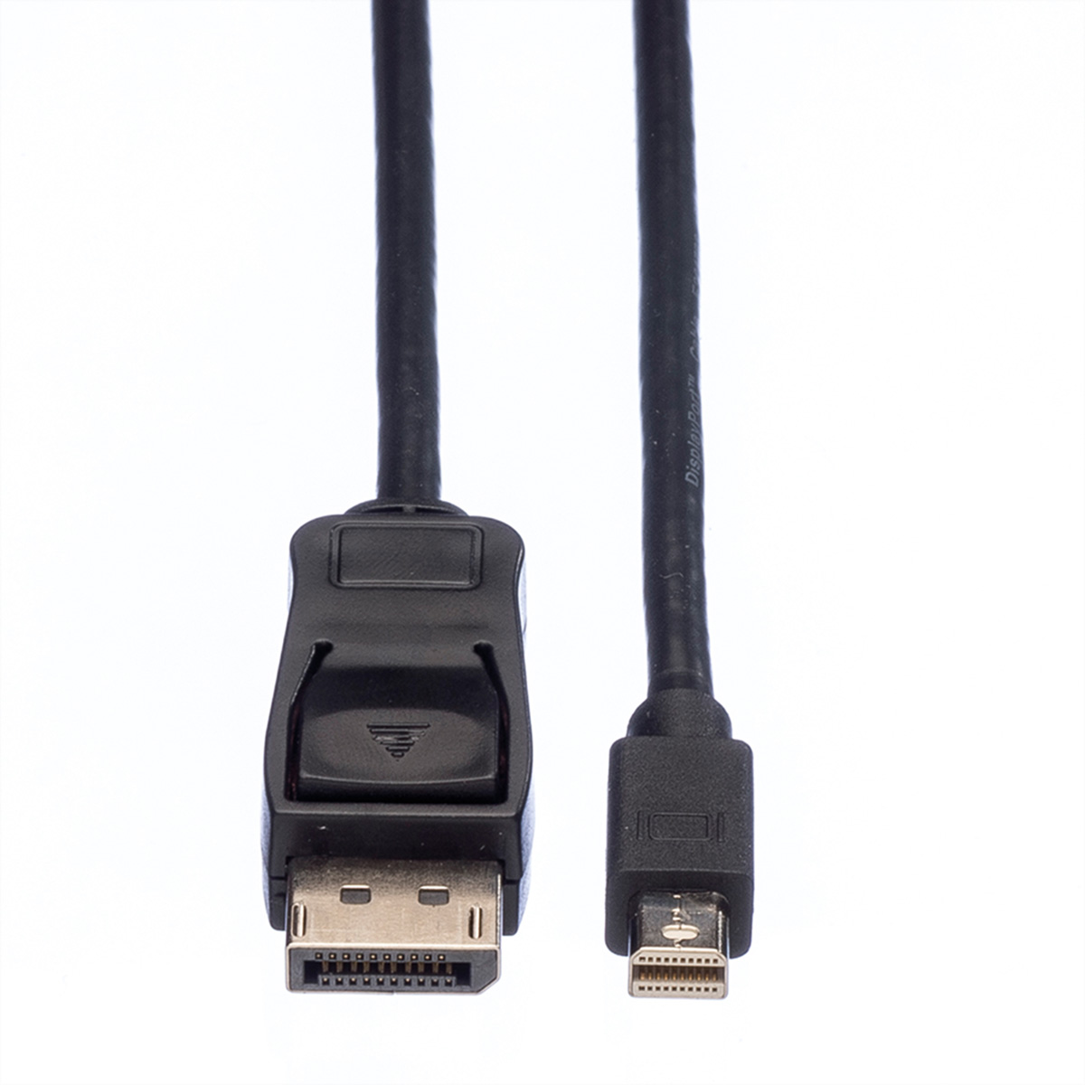 Un câble DisplayPort noir avec deux connecteurs. L'un est un DisplayPort, l'autre un mini DisplayPort.