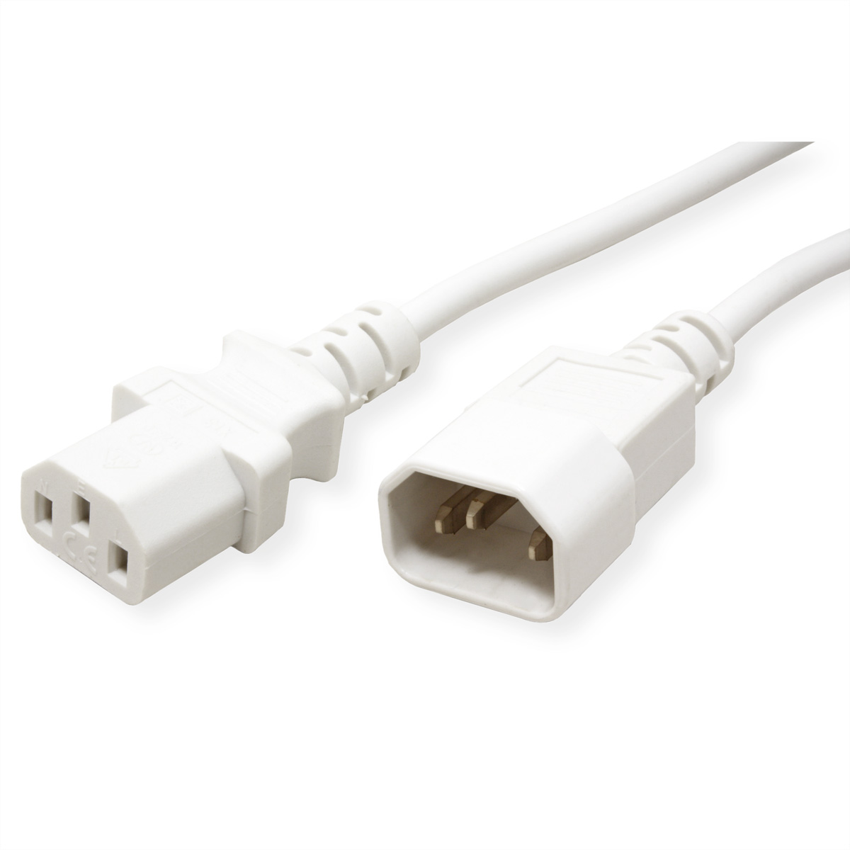 Biały kabel zasilający z żeńskimi i męskimi złączami na białym tle.