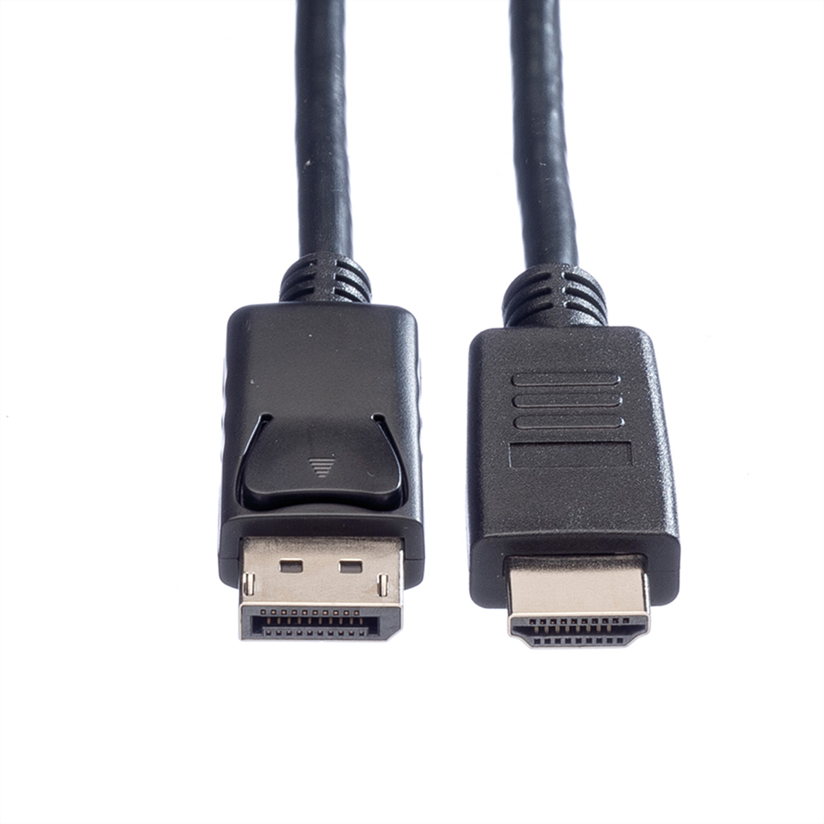 Deux câbles noirs DisplayPort vers HDMI. Les deux ont des connecteurs noirs.