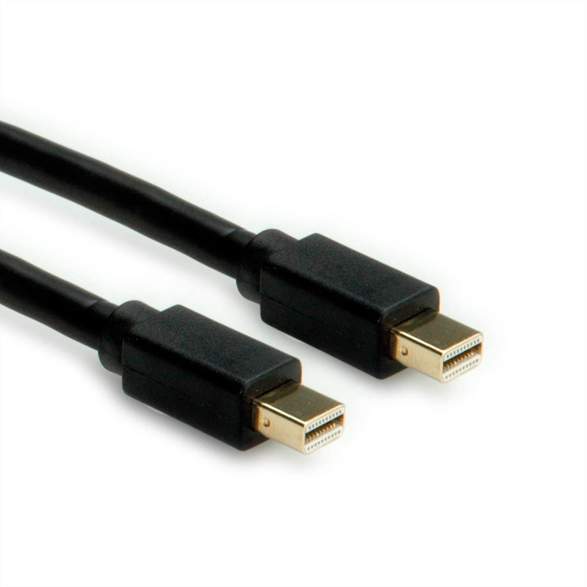 Schwarzes Kabel mit zwei goldfarbenen Steckern auf weißem Hintergrund.