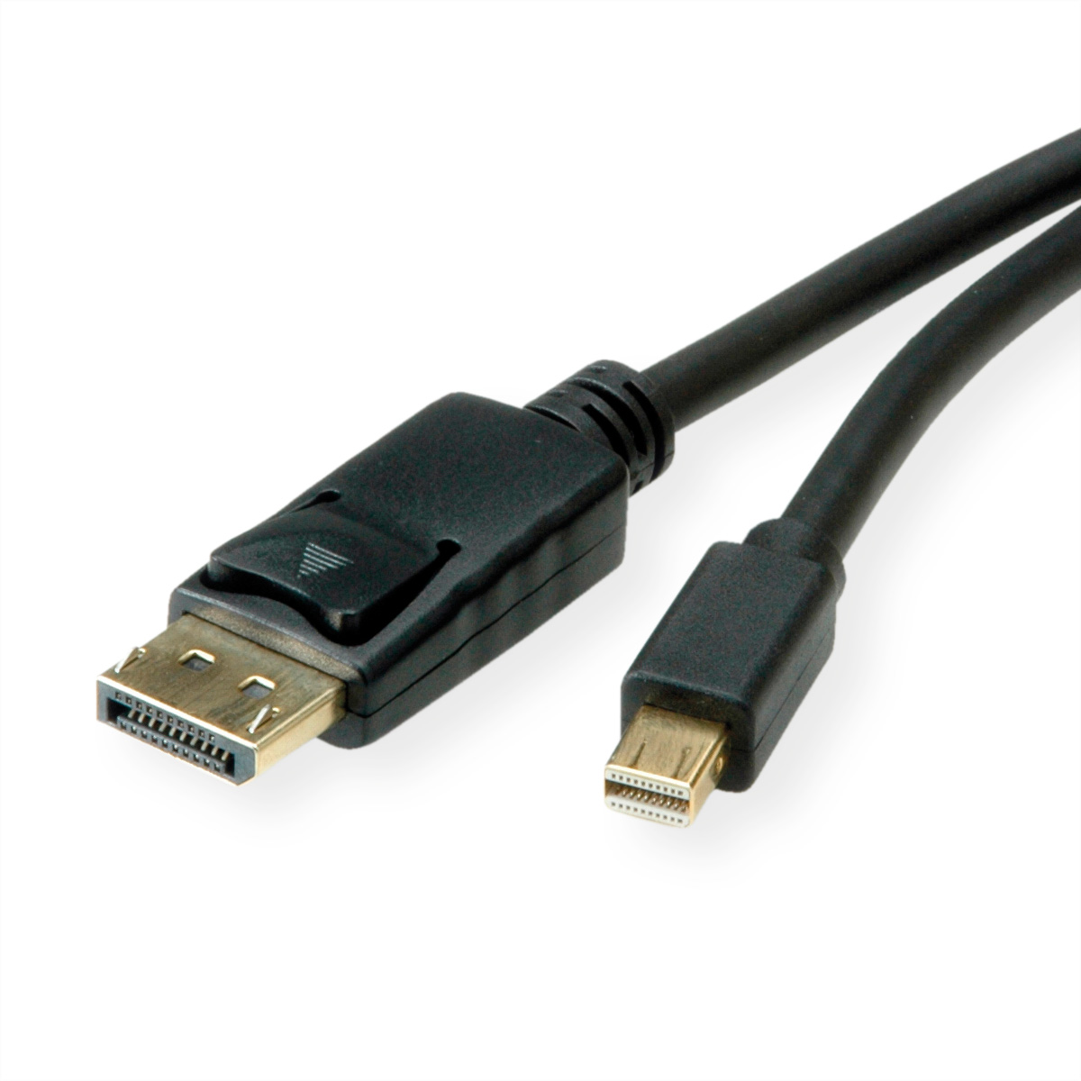 Câble DisplayPort noir avec un connecteur mini DisplayPort. Isolé sur fond blanc.