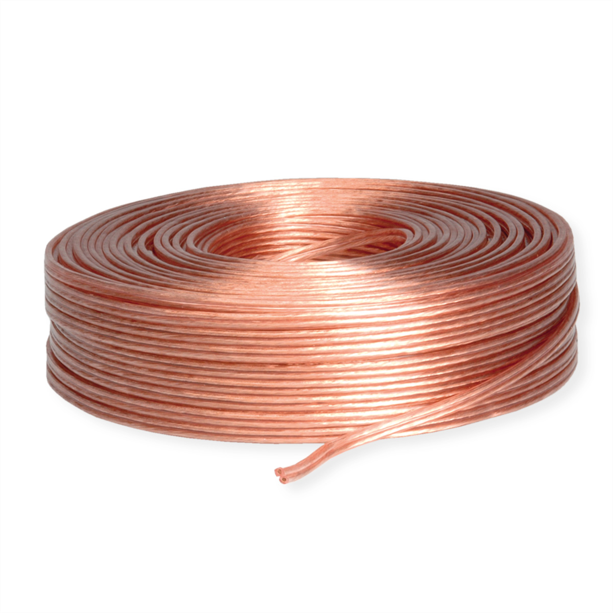 Ein aufgerolltes, kupferfarbenes Kabel auf weißem Hintergrund, das die beiden Drähte zeigt.