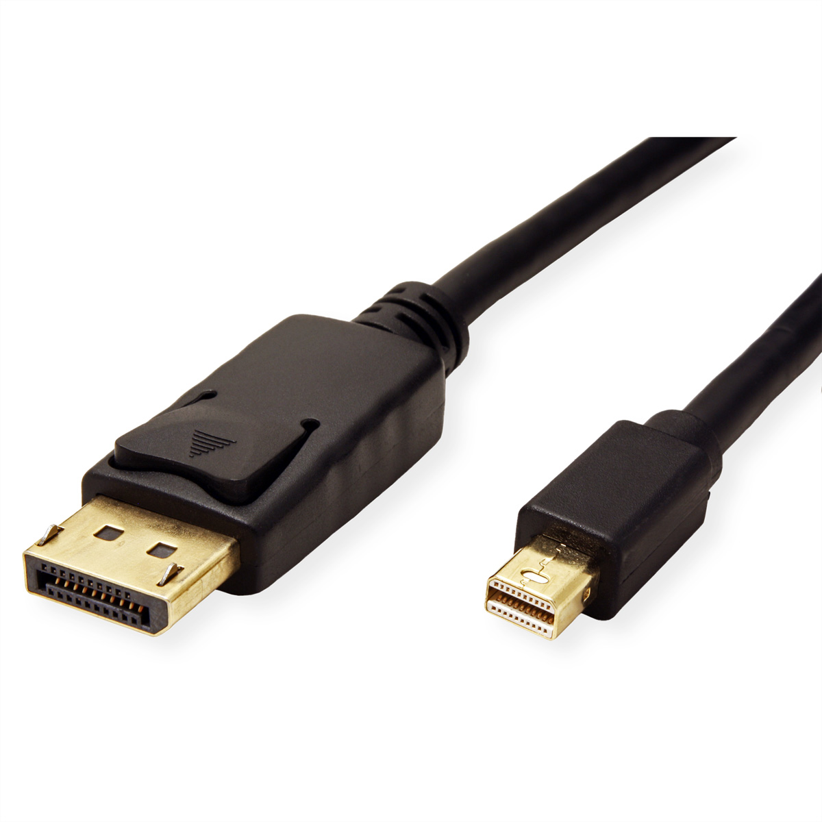 Câble DisplayPort noir avec deux connecteurs. L'un est plus grand, l'autre plus petit. Fond blanc.