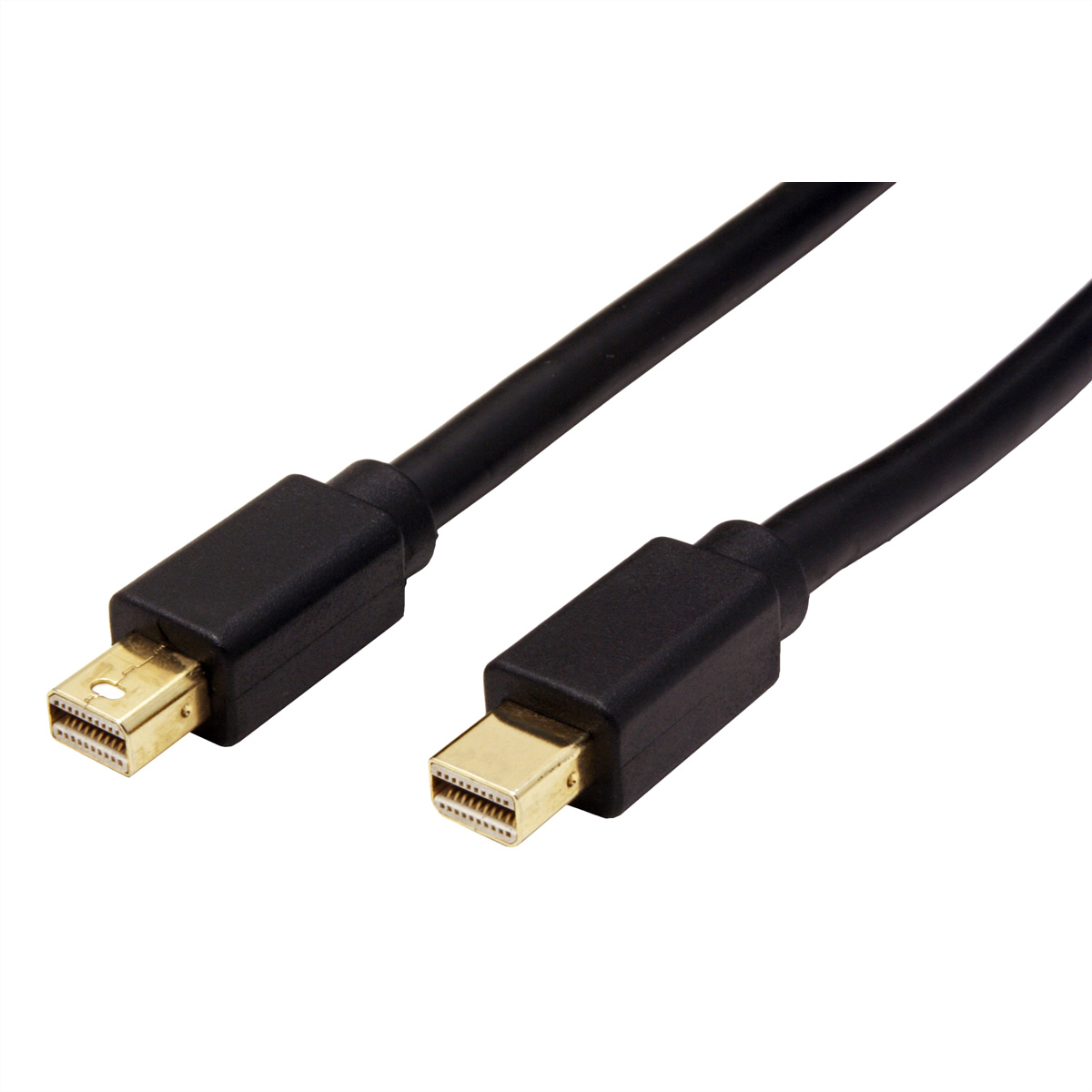 Zwei schwarze Mini-DisplayPort-Kabel mit goldenen Pins und schwarzen Steckern auf weißem Hintergrund.