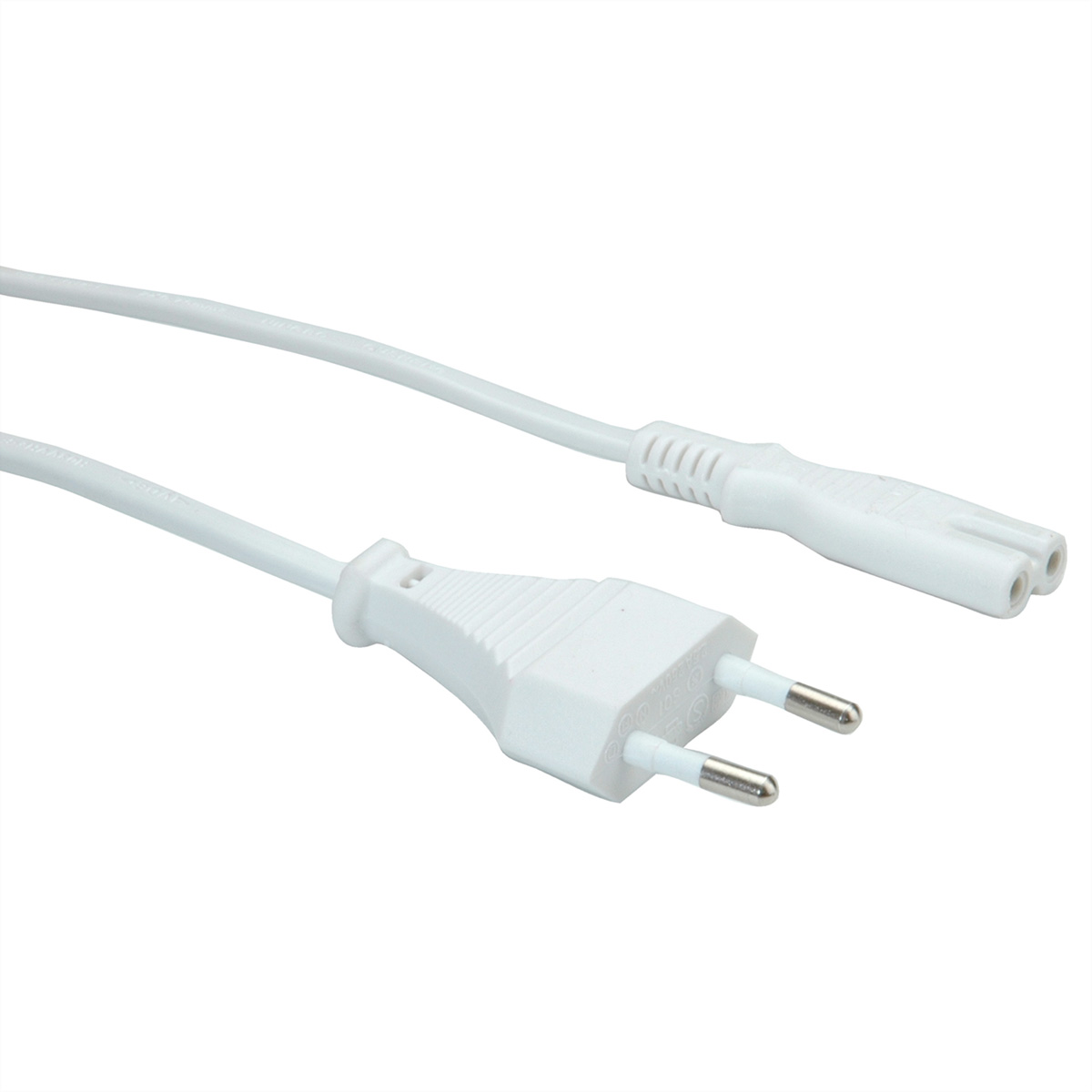 Weißes Netzkabel mit europäischem Stecker und Zweipolstecker.