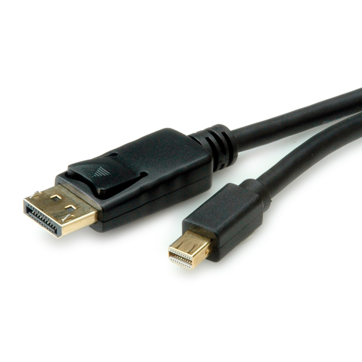 Un câble DisplayPort noir avec un connecteur DisplayPort et un plus petit connecteur Mini DisplayPort. Fond blanc.