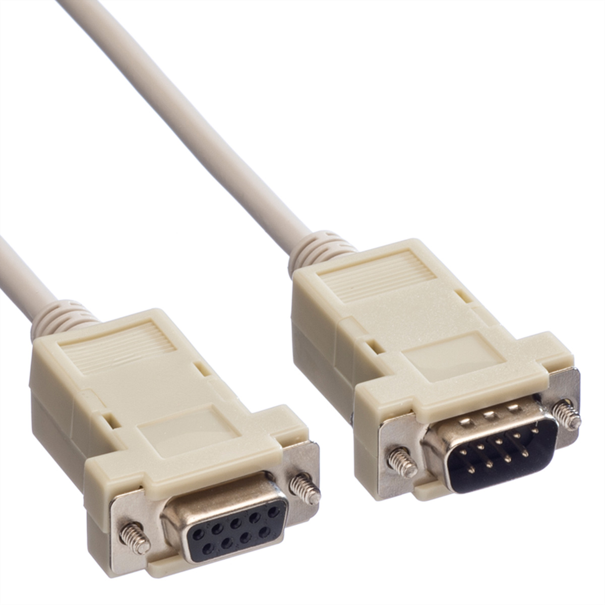 Twee beige seriële poortkabels met connectoren, geïsoleerd op een witte achtergrond.