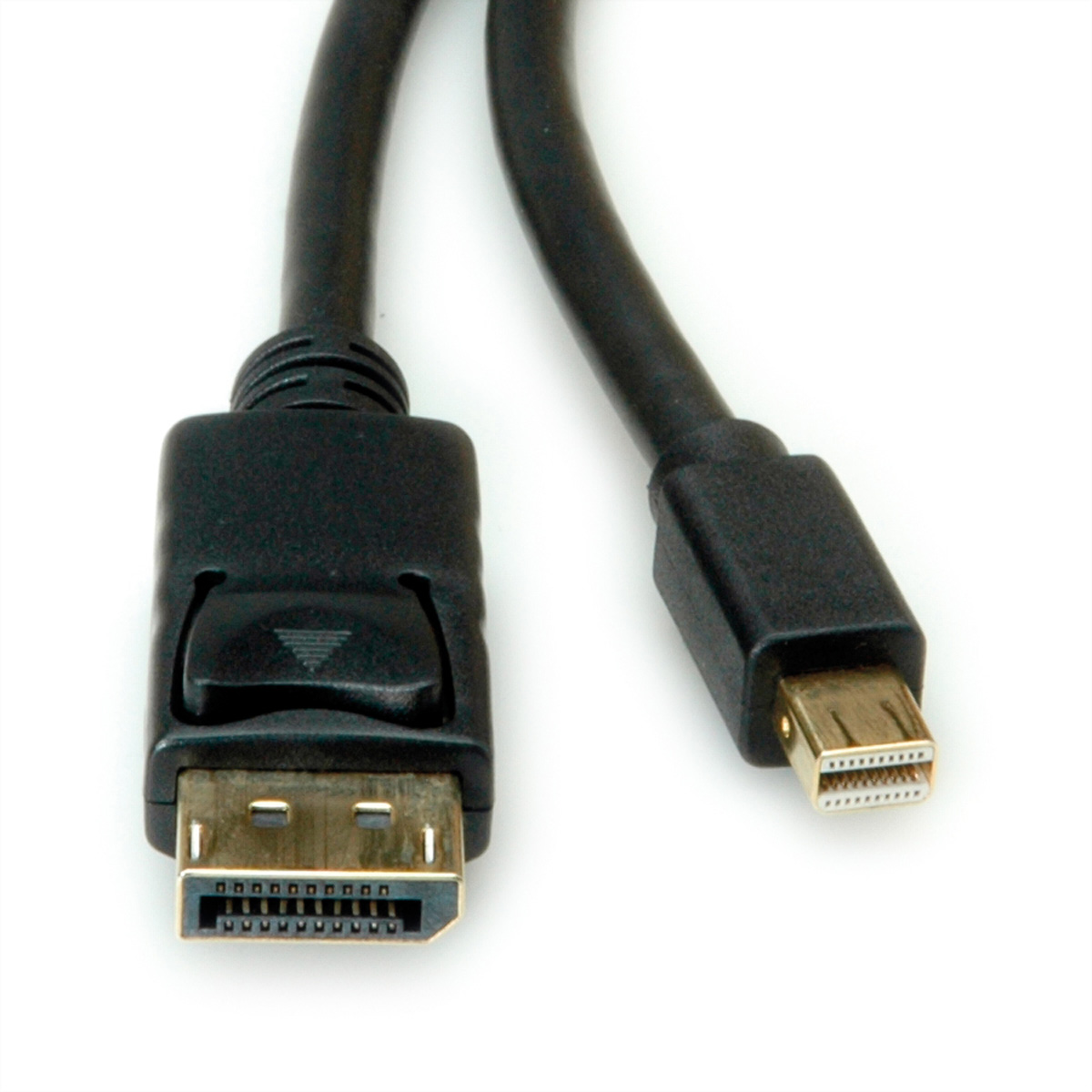 Twee zwarte DisplayPort-kabels, één met een standaard connector, de andere met een Mini DisplayPort connector.