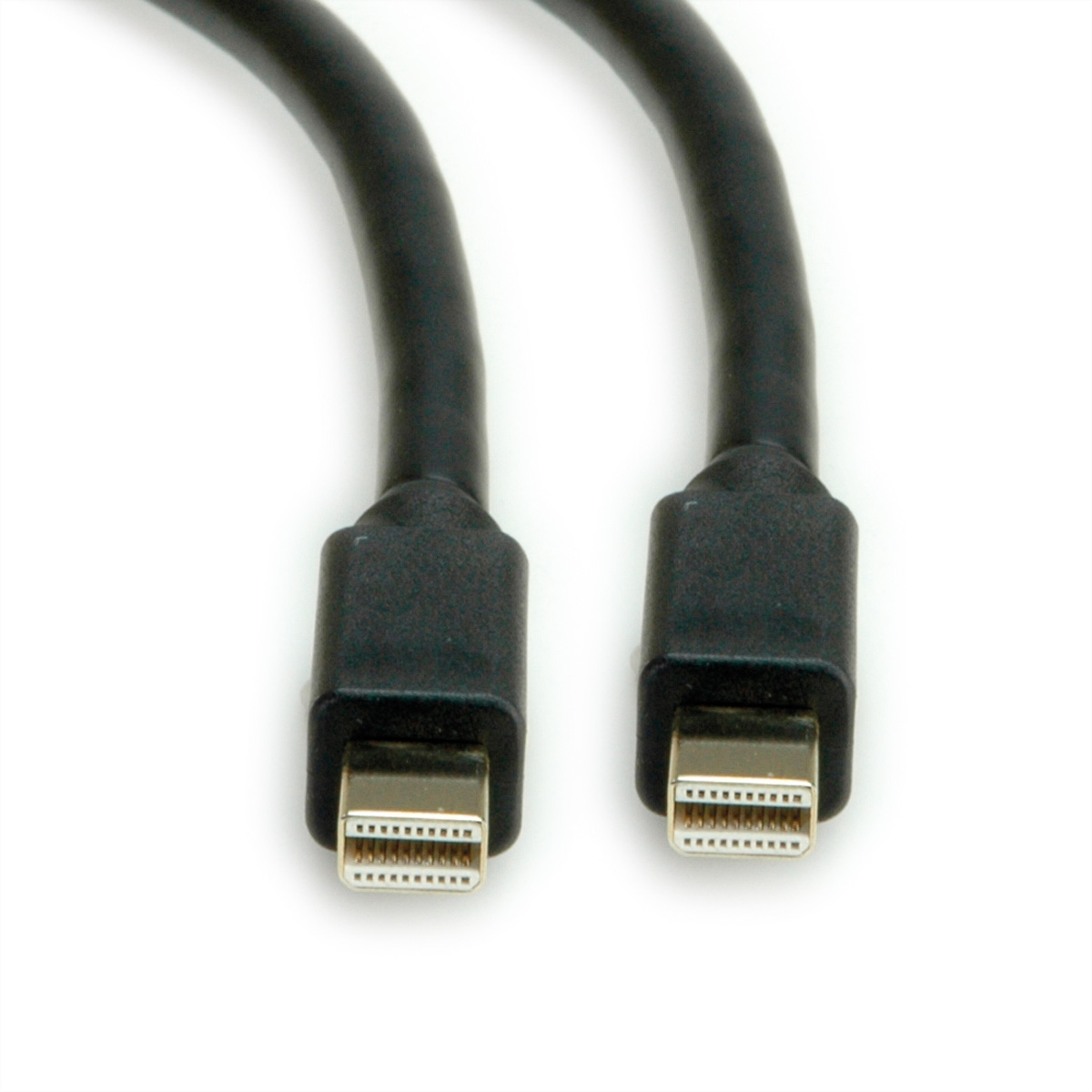 Zwei schwarze Mini-DisplayPort-Kabel, mit sichtbaren Anschlüssen.
