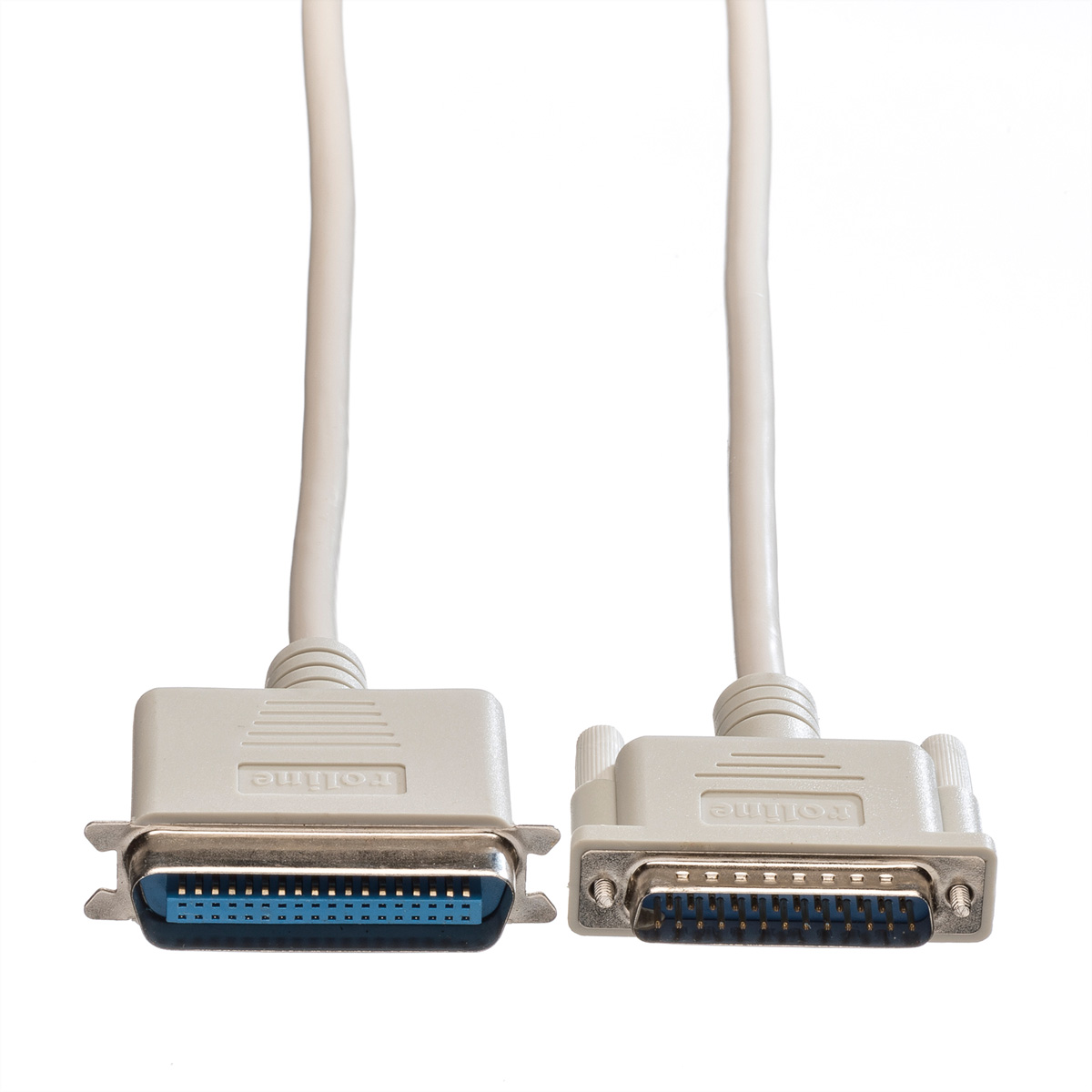 Deux connecteurs de câble série beiges. Broches bleues. Fond blanc.