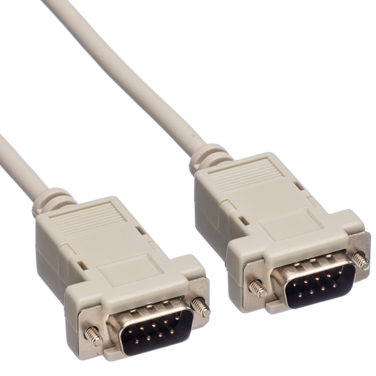 Two light gray DB9 connectors, connected by a cable. The connectors have screw fasteners.