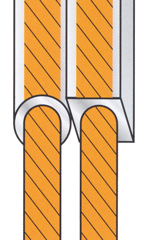 Eine Querschnittsillustration von zwei orangefarbenen Holzbalken, die mit einem Metallring verbunden sind.