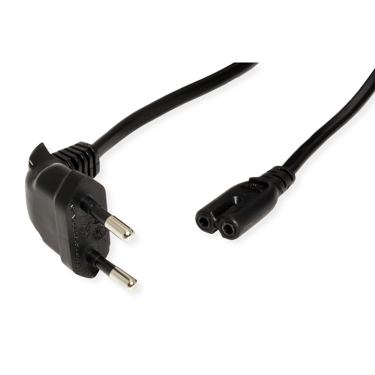 Câble d'alimentation noir avec une prise européenne à une extrémité et un connecteur à deux broches à l'autre.