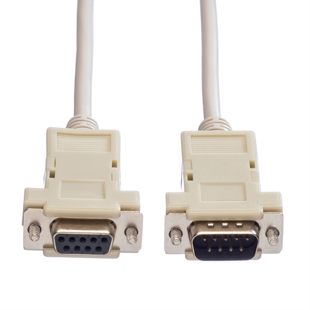 Twee beige seriële poortconnectoren. Elk met 9 pinnen.