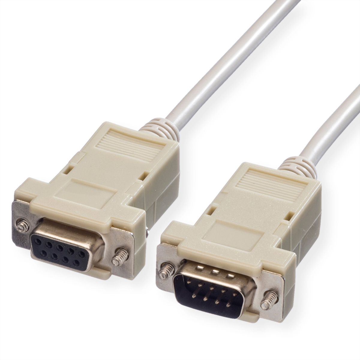 Seriële kabel met twee connectoren. Beige connectoren met pinnen. Grijze kabel.
