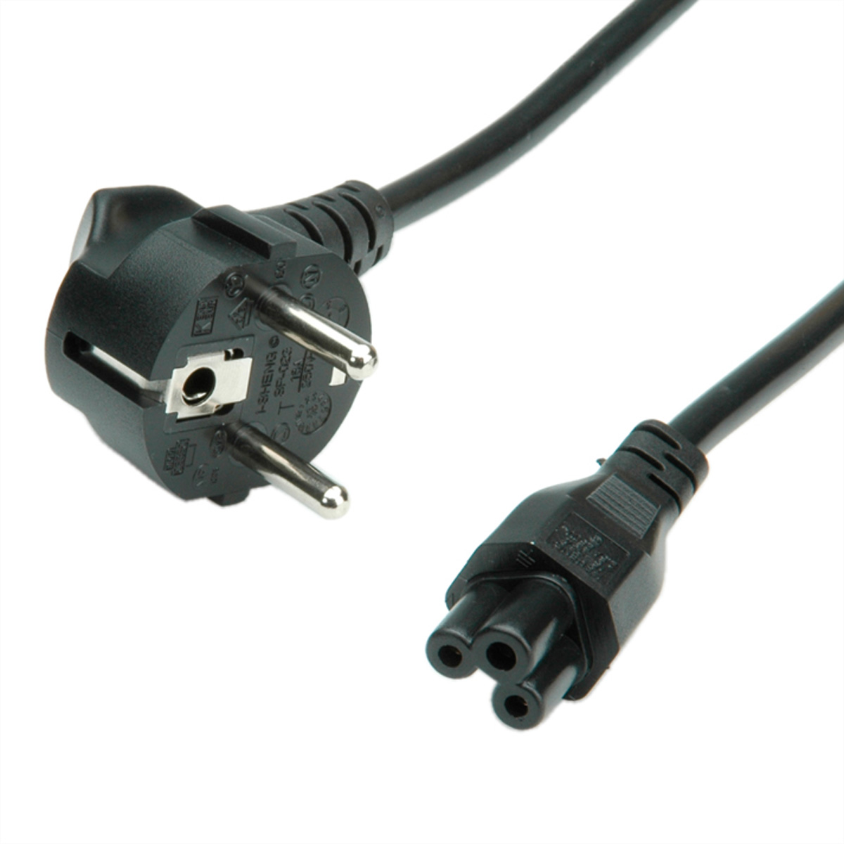 Zwarte voedingskabel met een Europese stekker en een C13-connector op een witte achtergrond.
