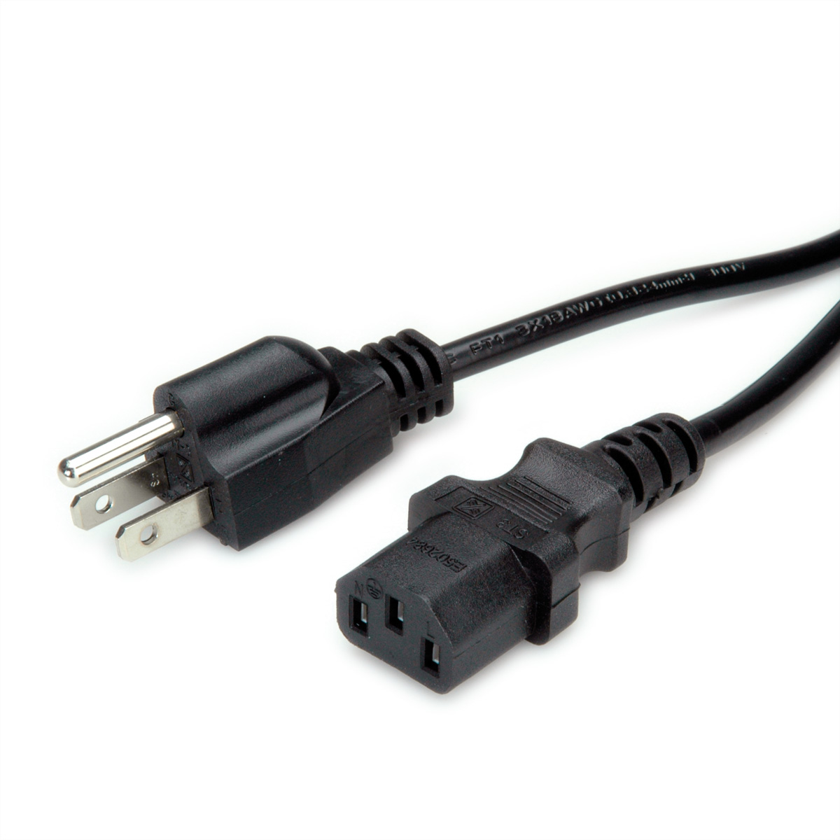 Un cordon d'alimentation noir avec une prise US à une extrémité et un connecteur C13 à l'autre.